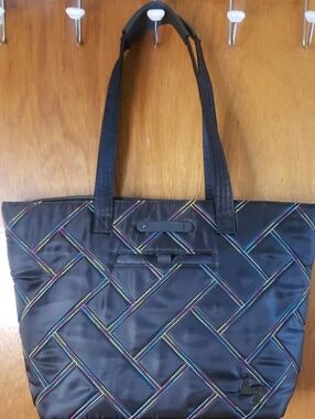 LUG Black Quilted Tote Bag with Rainbow Stitching